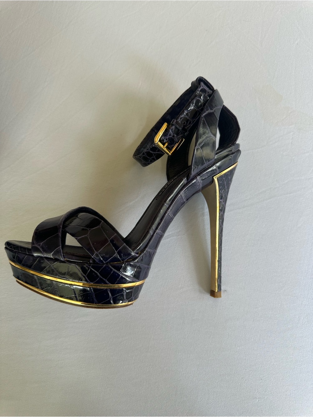Ralph Lauren Collection Dark Purple Genuine Crocodile Ankle Strap Heels Size 39